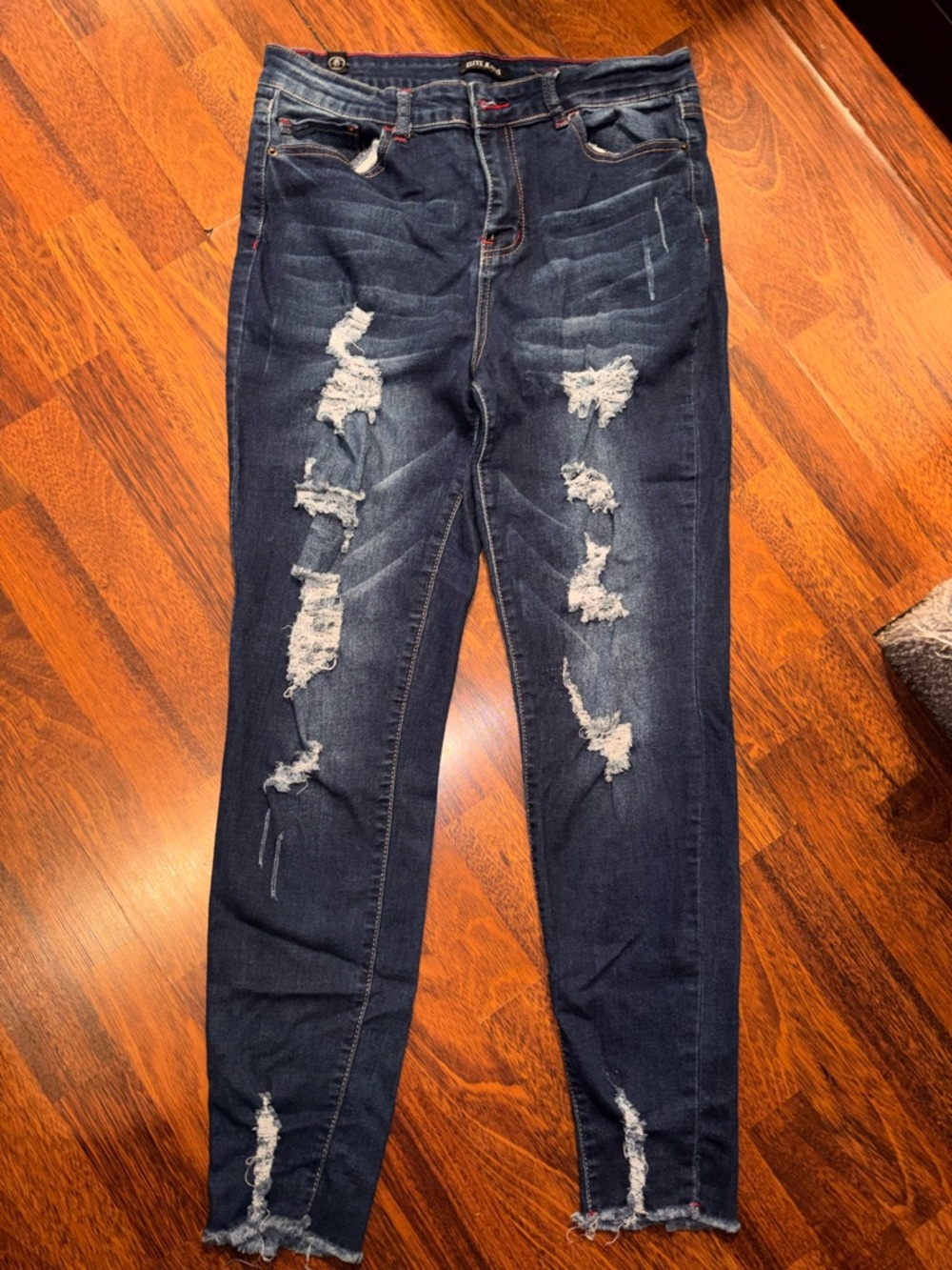 Ripped Dark Blue Women's Skinny Jeans - Stretch Fit